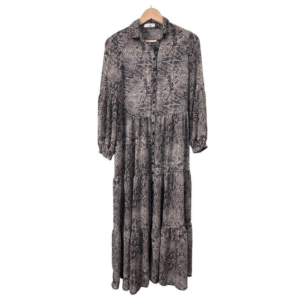 DISSH Snakeskin Print Tiered Maxi Dress Semi Sheer Button Down Long Sleeve Sz 6